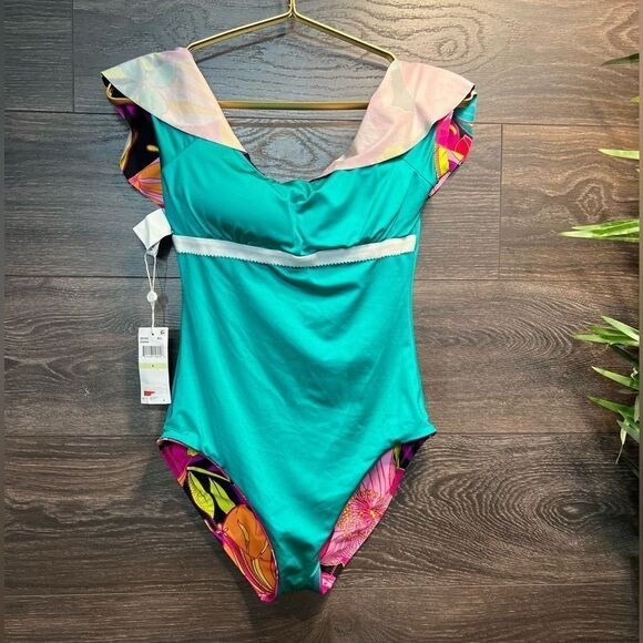 Trina Turk Swim Women's Solar Floral Off The Shoulder Ruffle Swimsuit, Sz 4. NWT - Picture 10 of 16